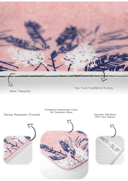 Pembe Zemin Lacivert Yapraklar Özel Tasarım 2'li Kaymaz Tabanlı Banyo & Mutfak Paspas Takımı