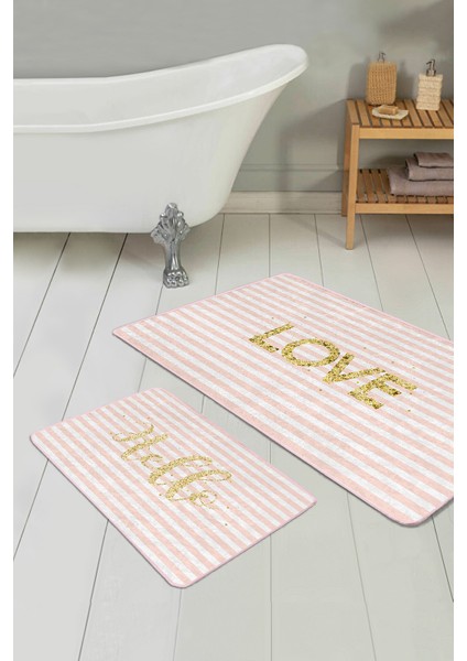 Pembe Çizgili Gold Detaylı Love Motifli 2'li Kaymaz Tabanlı Banyo & Mutfak Paspas Takımı