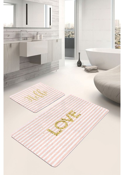 Pembe Çizgili Gold Detaylı Love Motifli 2'li Kaymaz Tabanlı Banyo & Mutfak Paspas Takımı fiyatları