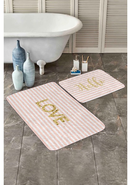 Pembe Çizgili Gold Detaylı Love Motifli 2'li Kaymaz Tabanlı Banyo & Mutfak Paspas Takımı modelleri