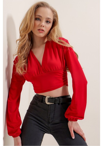 V Yaka Önü ve Beli Büzgülü Sandy Crop Bluz fiyatları