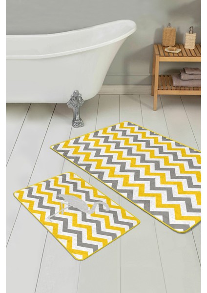 Sarı Gri Zigzag Tasarımlı Flamingo Motifli 2'li Kaymaz Tabanlı Banyo & Mutfak Paspas Takımı