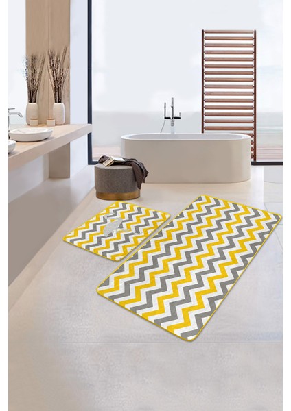Sarı Gri Zigzag Tasarımlı Flamingo Motifli 2'li Kaymaz Tabanlı Banyo & Mutfak Paspas Takımı