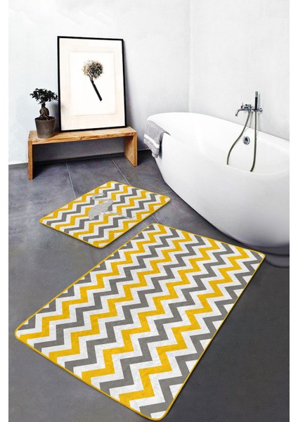 Sarı Gri Zigzag Tasarımlı Flamingo Motifli 2'li Kaymaz Tabanlı Banyo & Mutfak Paspas Takımı