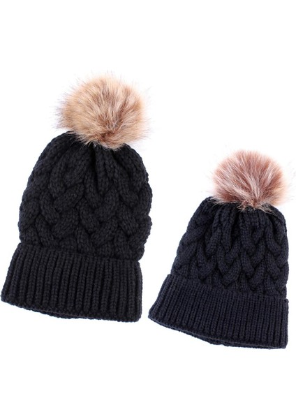 2 Adet Ebeveyn-Çocuk Beanie Hairball Topu Sıcak Kış Örme Şapka Siyah