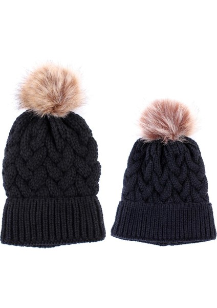 2 Adet Ebeveyn-Çocuk Beanie Hairball Topu Sıcak Kış Örme Şapka Siyah modelleri