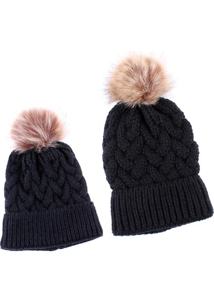 2 Adet Ebeveyn-Çocuk Beanie Hairball Topu Sıcak Kış Örme Şapka Siyah indirimleri
