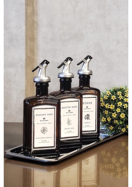 Çelik Stantlı Amber Zeytinyağı Sıvıyağ Sirke Şişesi Queen Yağdanlık 3lü Set CBEY300ML P3QCB P3QCB