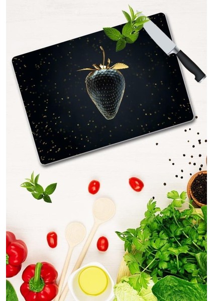 29X34 cm Altın Çilek Desenli Cam Kesme Tablası