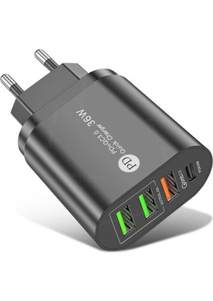 36W PD20W+3USBA 4 Çıkışlı Ev Tipi Şarj Aleti Başlığı Siyah
