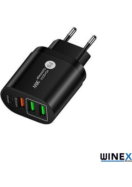 36W PD20W+3USBA 4 Çıkışlı Ev Tipi Şarj Aleti Başlığı Siyah