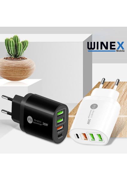36W PD20W+3USBA 4 Çıkışlı Ev Tipi Şarj Aleti Başlığı Siyah