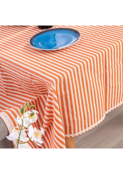 Koral Çizgili Keten Dantelli Masa Örtüsü