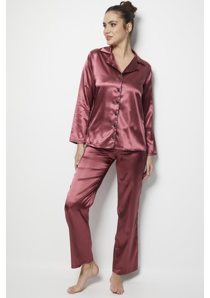 Miorre Kadın Uzun Kollu Önden Düğmeli Saten Pijama Takımı fırsatları
