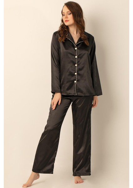 Uzun Kollu Saten Pijama Takımı
