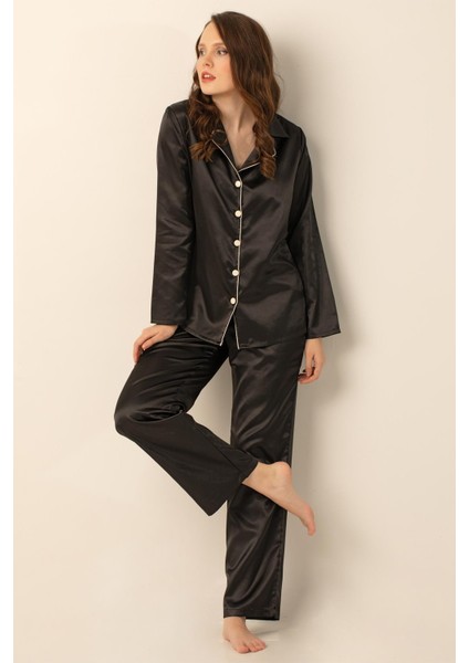 Uzun Kollu Saten Pijama Takımı