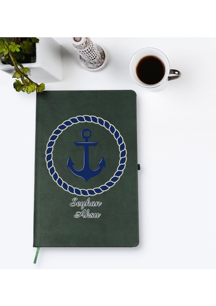 Kişiye Özel Çapa Tasarımlı Yeşil Termo Deri Defter Model 1