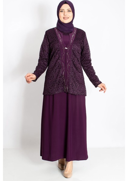 Dantel Detay Ceketli Abiye Takım Mürdüm MDA2208