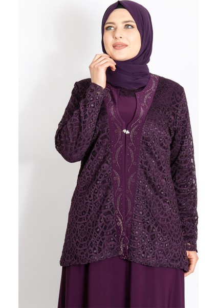 Dantel Detay Ceketli Abiye Takım Mürdüm MDA2208 fiyatları