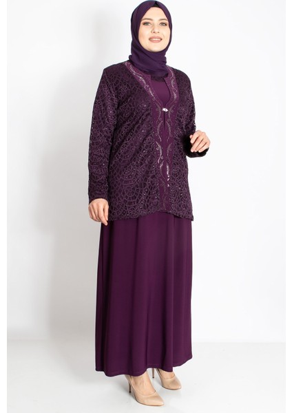 Dantel Detay Ceketli Abiye Takım Mürdüm MDA2208 modelleri