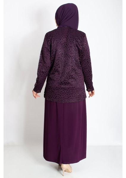 Dantel Detay Ceketli Abiye Takım Mürdüm MDA2208 indirimleri