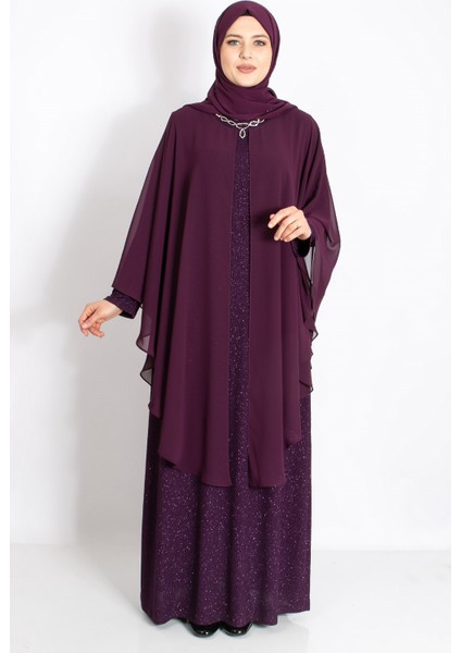 Kolye Detaylı Pelerinli Simli Abiye Mürdüm MDA2214