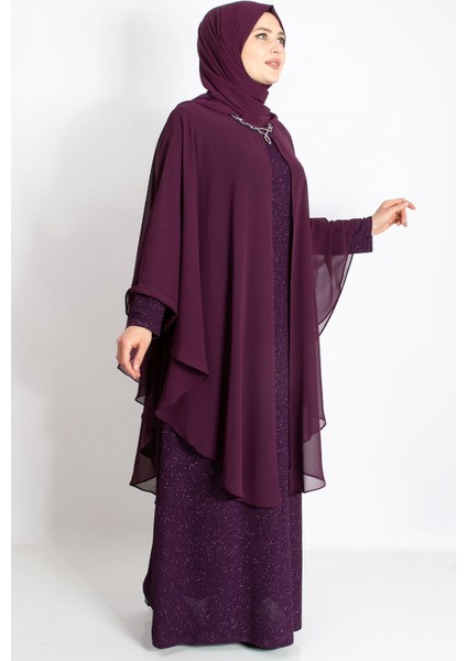 Kolye Detaylı Pelerinli Simli Abiye Mürdüm MDA2214 fiyatları