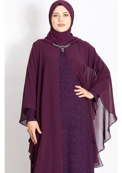 Kolye Detaylı Pelerinli Simli Abiye Mürdüm MDA2214 modelleri