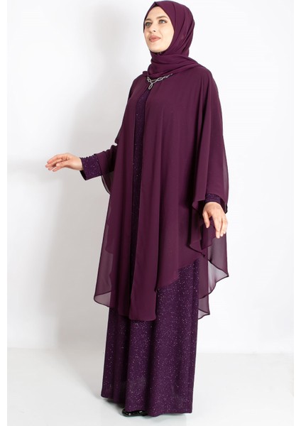 Kolye Detaylı Pelerinli Simli Abiye Mürdüm MDA2214 fırsatları