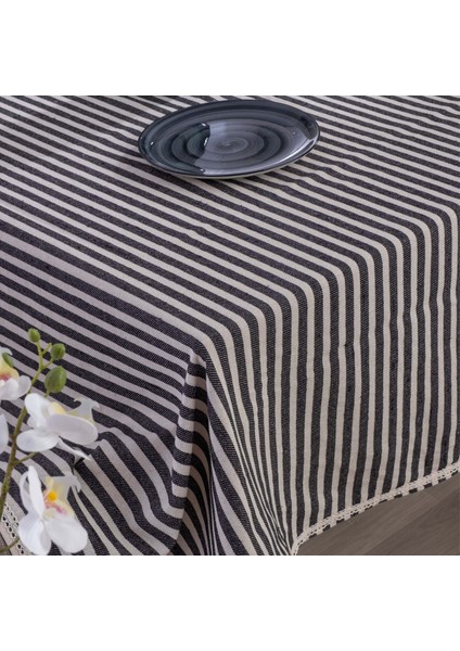 Siyah Çizgili Keten Dantelli Masa Örtüsü