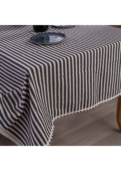 Siyah Çizgili Keten Dantelli Masa Örtüsü fiyatları