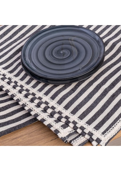 Siyah Çizgili Keten Dantelli Masa Örtüsü fırsatları