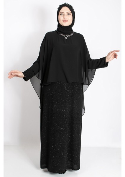 Kolye Detaylı Pelerinli Simli Abiye Siyah MDA2212 fiyatları
