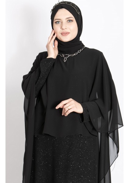 Kolye Detaylı Pelerinli Simli Abiye Siyah MDA2212 modelleri