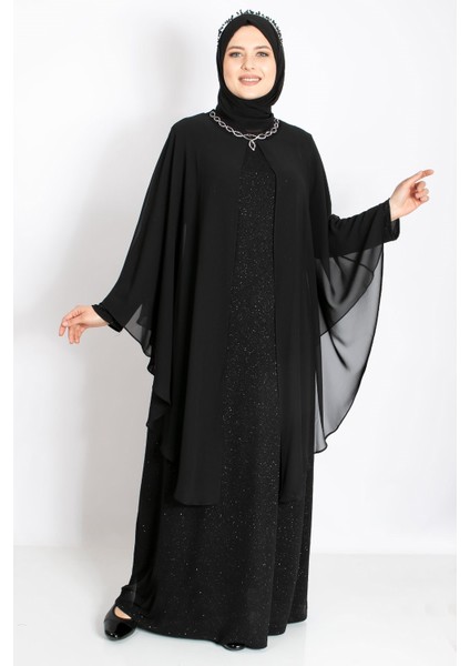 Kolye Detaylı Pelerinli Simli Abiye Siyah MDA2214