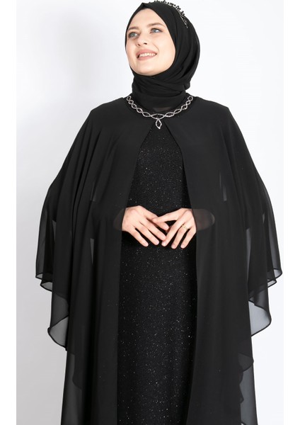 Kolye Detaylı Pelerinli Simli Abiye Siyah MDA2214 fiyatları