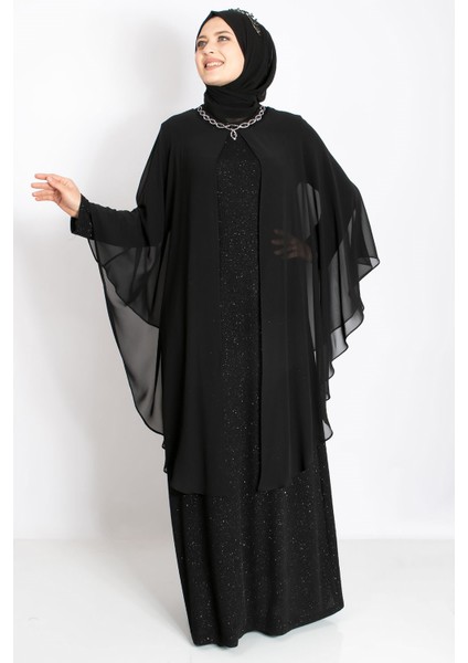Kolye Detaylı Pelerinli Simli Abiye Siyah MDA2214 modelleri