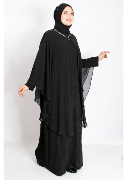 Kolye Detaylı Pelerinli Simli Abiye Siyah MDA2214 fırsatları