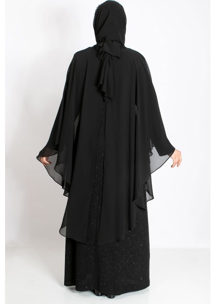 Kolye Detaylı Pelerinli Simli Abiye Siyah MDA2214 indirimleri