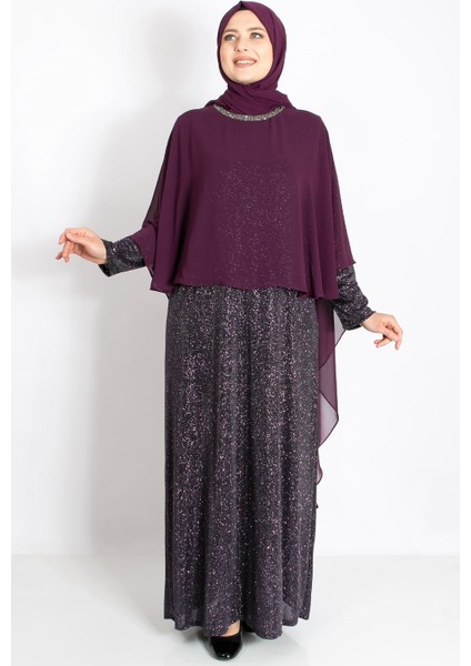 Pelerinli Simli Abiye Mürdüm MDA2216