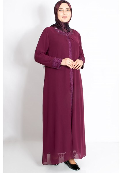 Dantel Detaylı Şifon Abiye Açık Mürdüm MDA2204 fiyatları