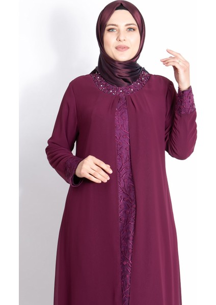 Dantel Detaylı Şifon Abiye Açık Mürdüm MDA2204 modelleri