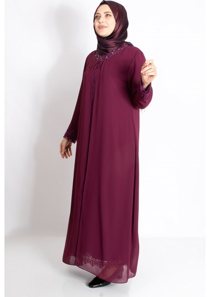 Dantel Detaylı Şifon Abiye Açık Mürdüm MDA2204 fırsatları