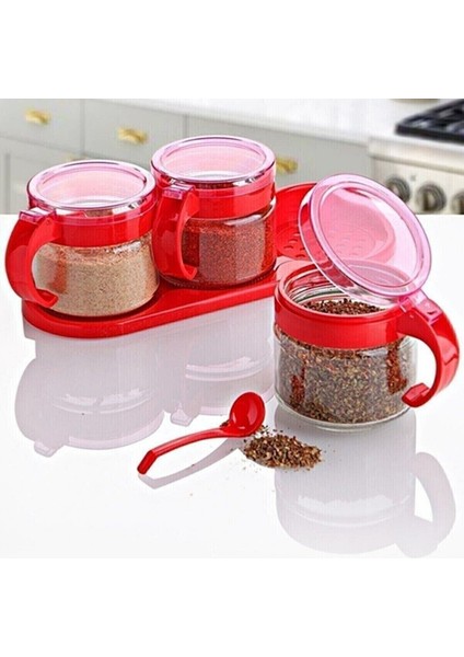 Kırmızı 3'lü Standlı Kapaklı Kaşıklı Cam Hava Sızdırmaz Baharatlık Takımı KC-386