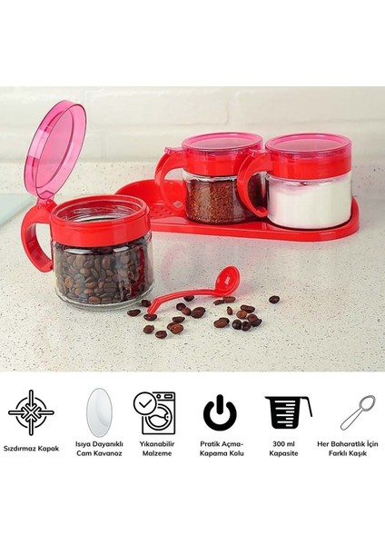 Kırmızı 3'lü Standlı Kapaklı Kaşıklı Cam Hava Sızdırmaz Baharatlık Takımı KC-386 modelleri