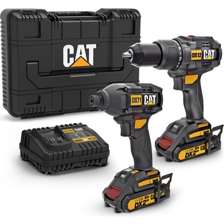 Cat DX12K 18VOLT/2.0AH Li-Ion Çift Akülü Kömürsüz Profesyonel Şarjlı Darbeli Matkap + DX71 Kömürsüz Darbeli Tornavida Kombo Set
