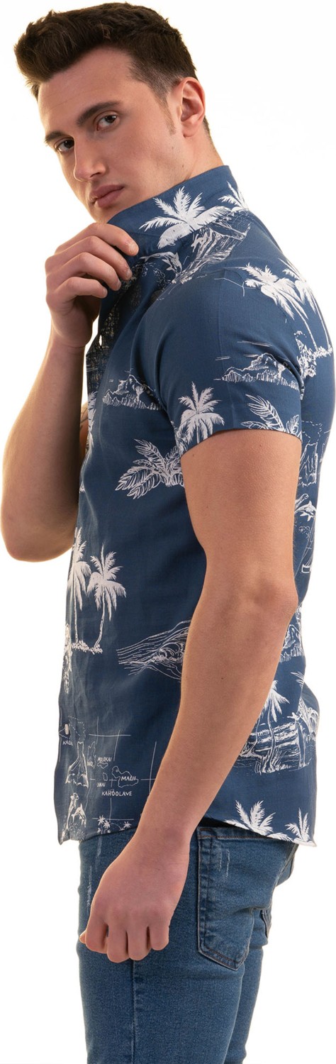 Exve Exclusive Indigo Mavi Hawaii Pamiye Desen Baskılı Nefes Alan Slim Fit Kısa Kollu Erkek Gömlek görsel 2