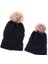 2 Adet Ebeveyn-Çocuk Beanie Hairball Topu Sıcak Kış Örme Şapka Siyah 1