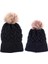 2 Adet Ebeveyn-Çocuk Beanie Hairball Topu Sıcak Kış Örme Şapka Siyah 3