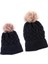 2 Adet Ebeveyn-Çocuk Beanie Hairball Topu Sıcak Kış Örme Şapka Siyah 5